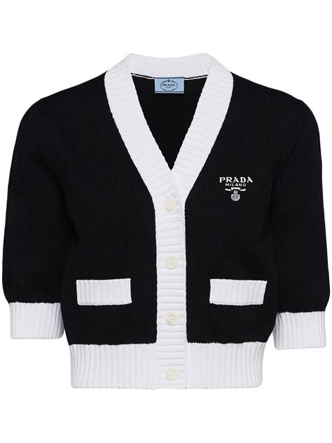 prada cropped cotton cardigan|Black/white Cropped cotton cardigan .